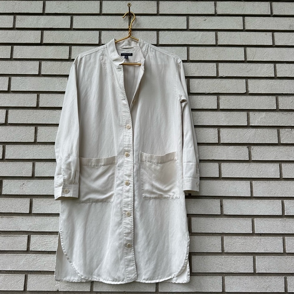 Eileen Fisher Petite Shirt Dress Jacket PS Linen Blend White Tunic Button Pocket